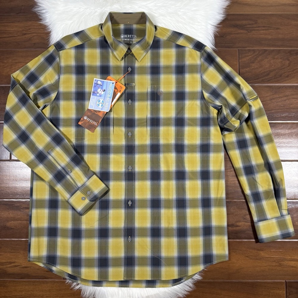 Beretta Men's Size XL Mustard Check Hovis Flex Button Up Shirt Long Sleeve